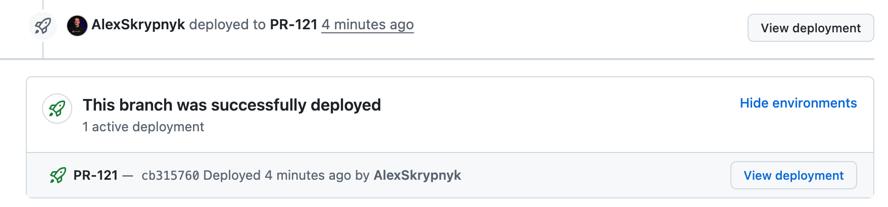 GitHub pull request page showing a successful deployment with a View deployment button
